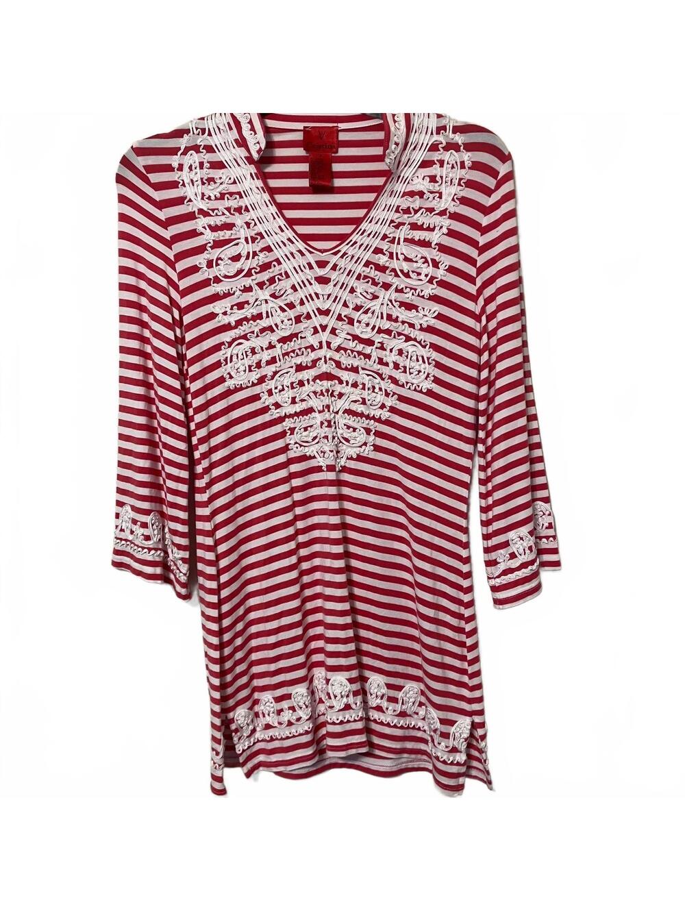 Cristina V Bohemian Artsy Red White Detail Striped Tunic White Embroidery Medium